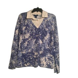 Karen Scott Shirt. Women. Medium. Blue White. 100% Cotton. Stretch. Buttons.